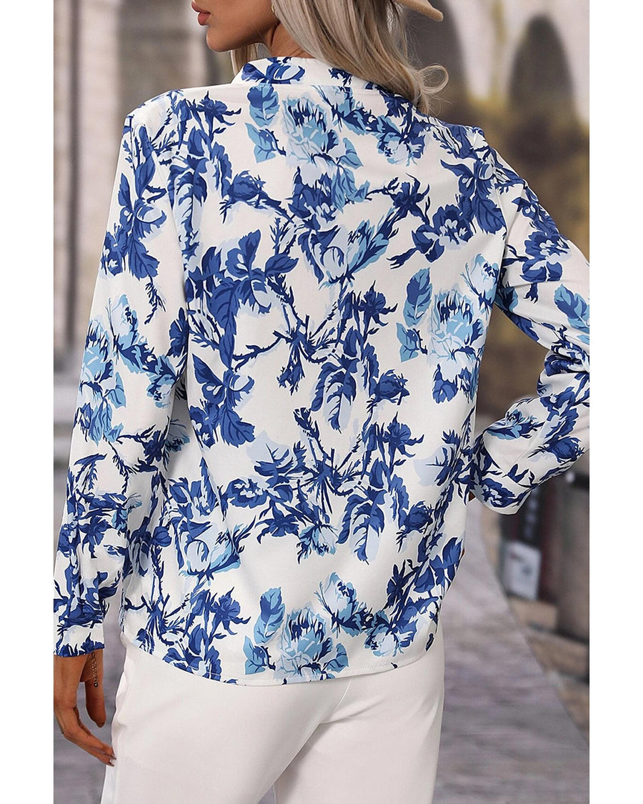 Sky Blue Floral Print Notched Neck Elegant Blouse - XL