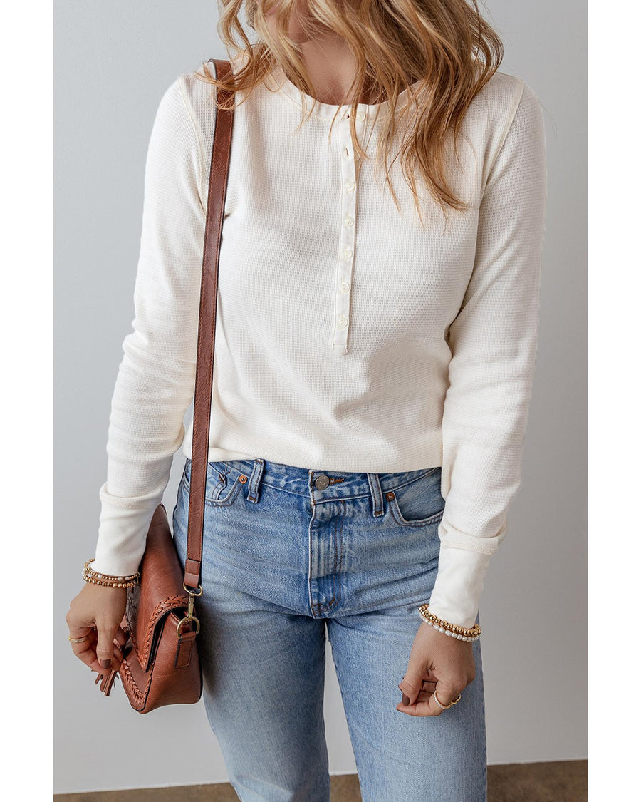 White Solid Color Waffle Half Button Long Sleeve Top - L
