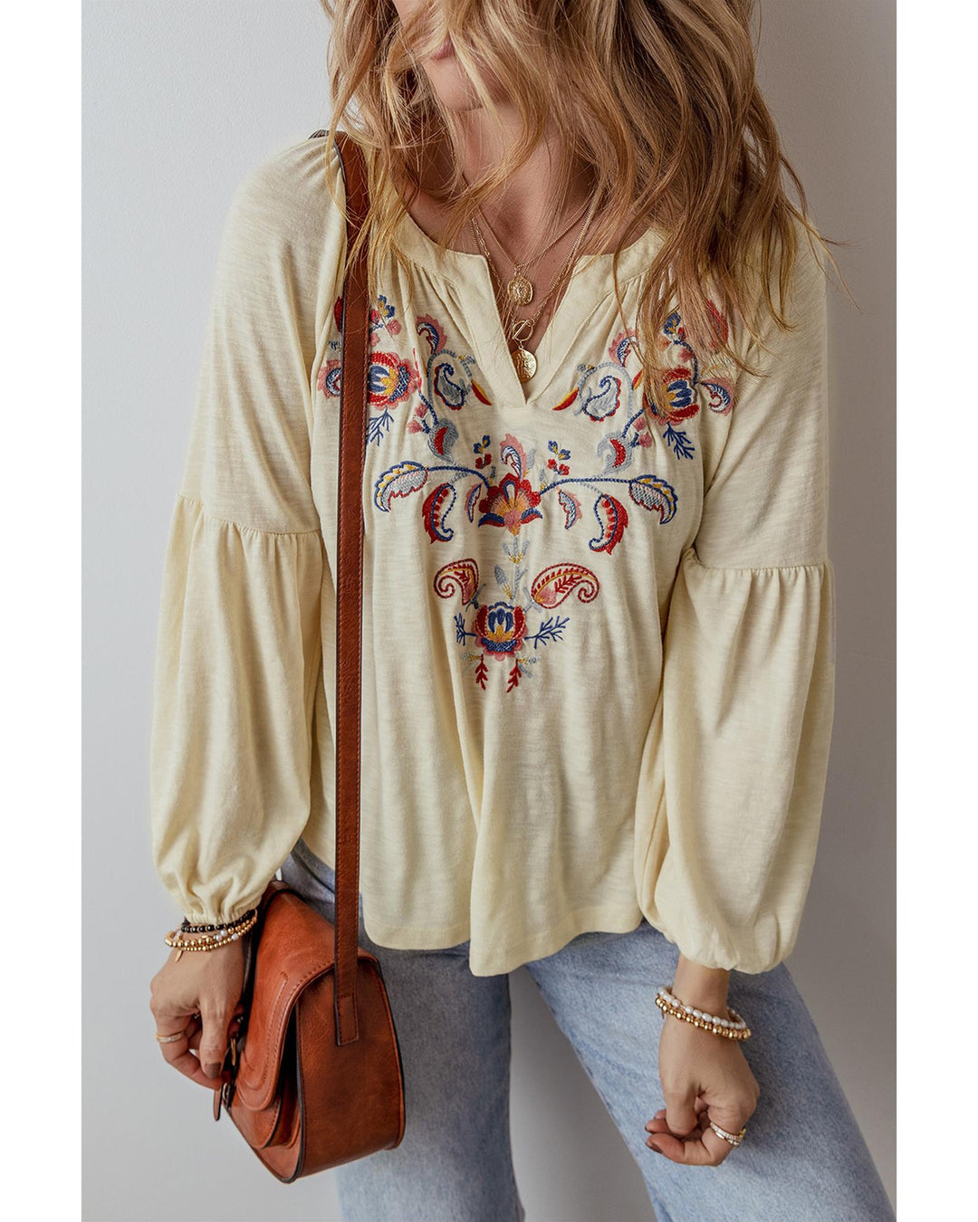 Apricot Paisley Floral Embroidered Notch V Neck Blouse - M