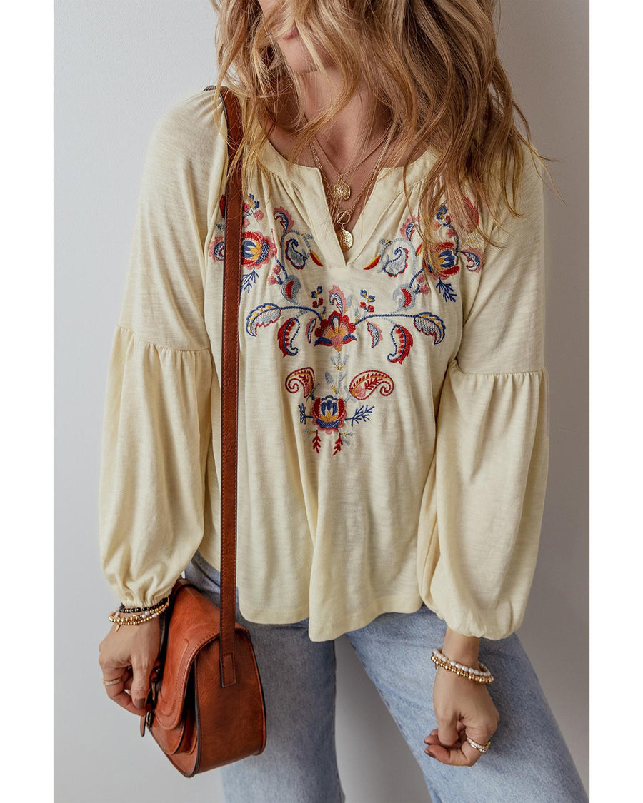 Apricot Paisley Floral Embroidered Notch V Neck Blouse - M