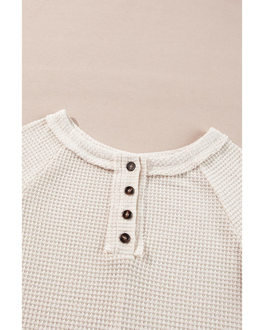 Oatmeal Waffle Knit Buttoned Front Raglan Sleeve Loose Blouse - M