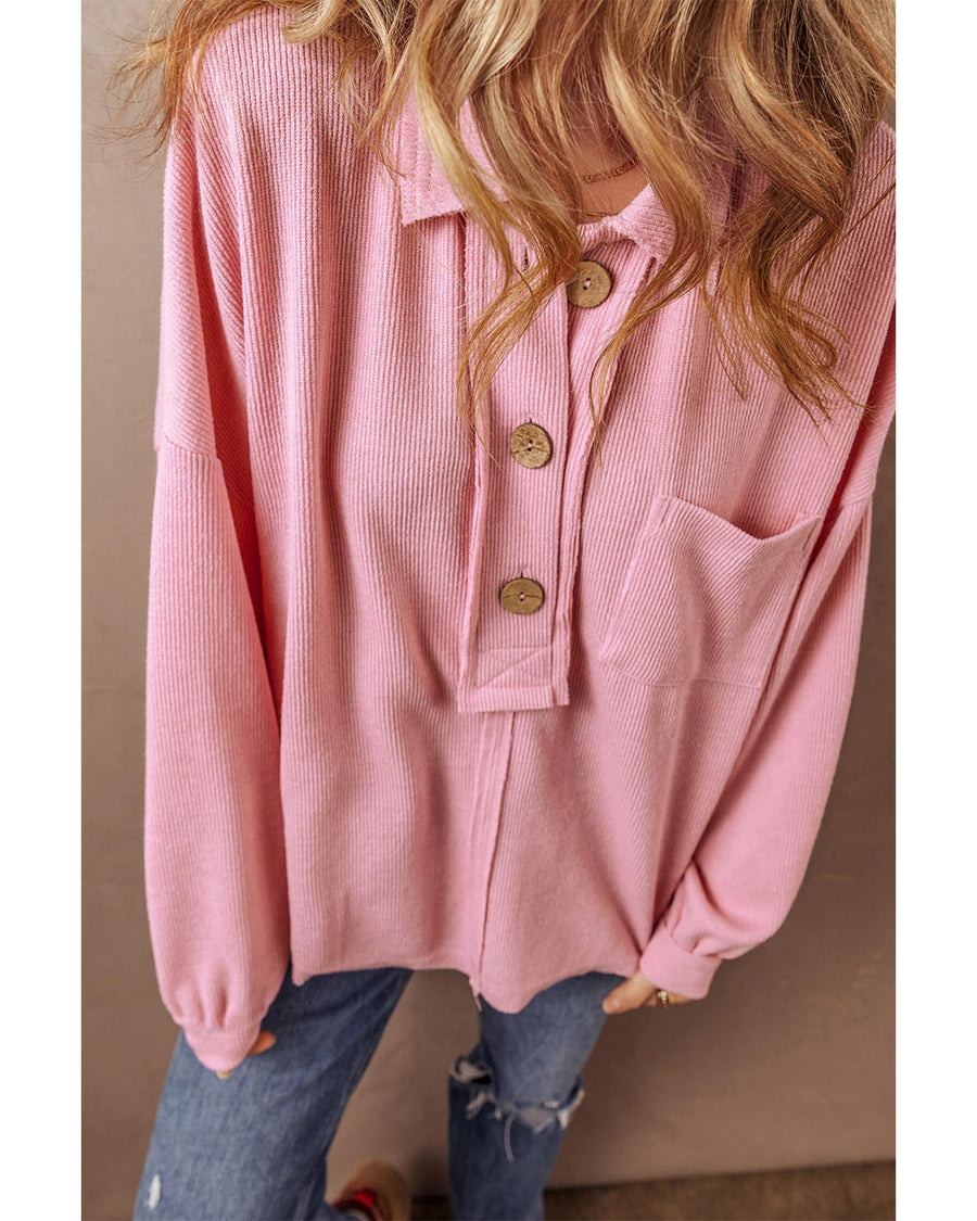 Pink Ribbed Knit Collared Henley Top with Chest Pocket - M
