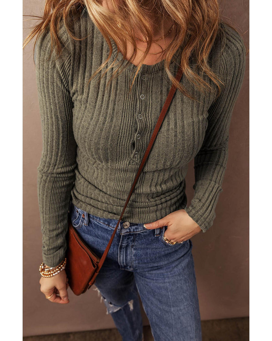 Jungle Green Ribbed Knit Half Button Slim Fit Blouse - M