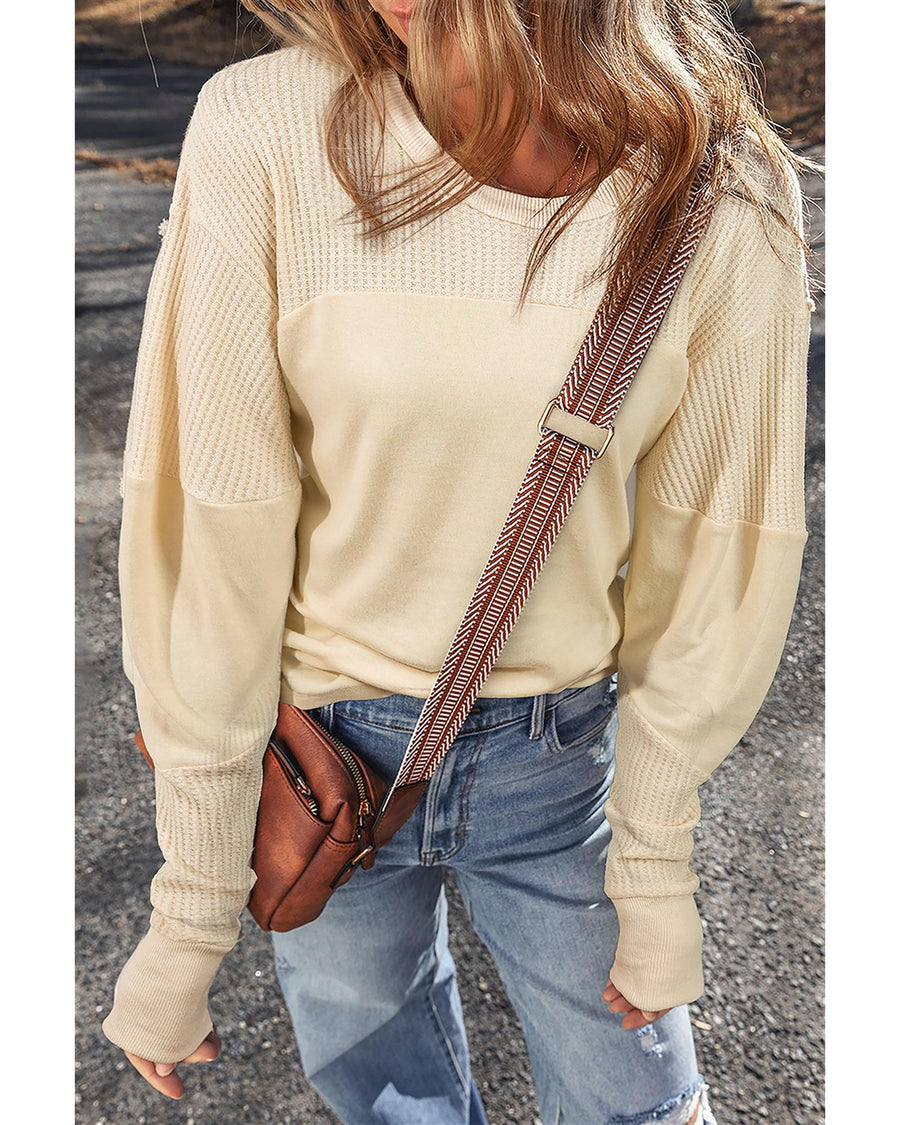 Beige Thermal Knit Patchwork Exposed Seam Long Sleeve Top - XL