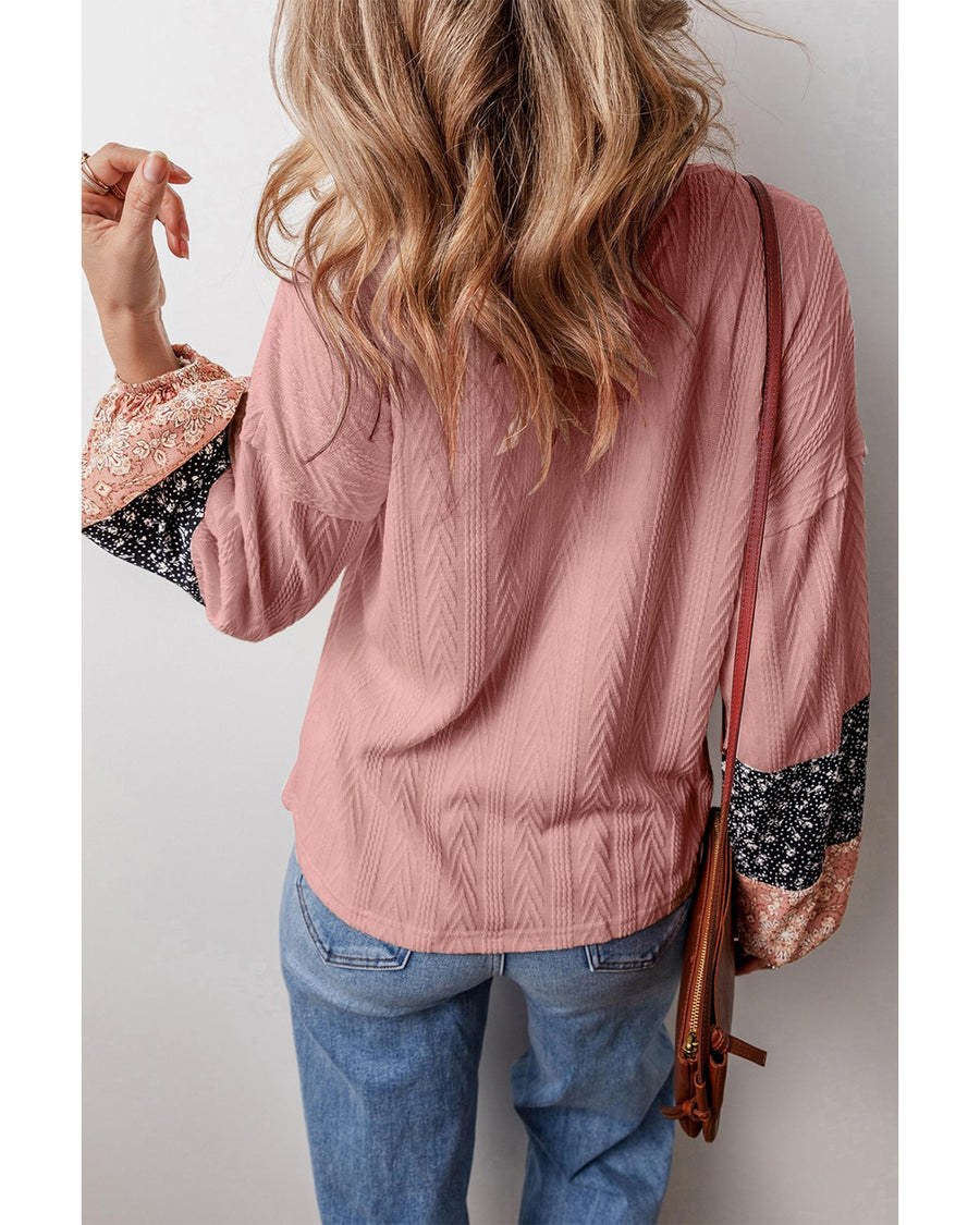 Dusty Pink Floral Patchwork Textured Knit Drawstring V Neck Blouse - M