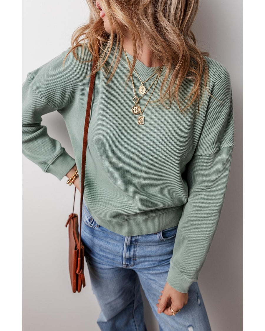 Clearly Aqua Waffle Knit Drop Shoulder V Neck Top - L