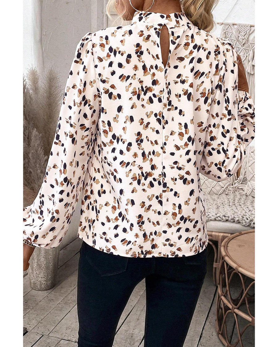 White Leopard Print Lantern Sleeve Mock Neck Pleated Blouse - L