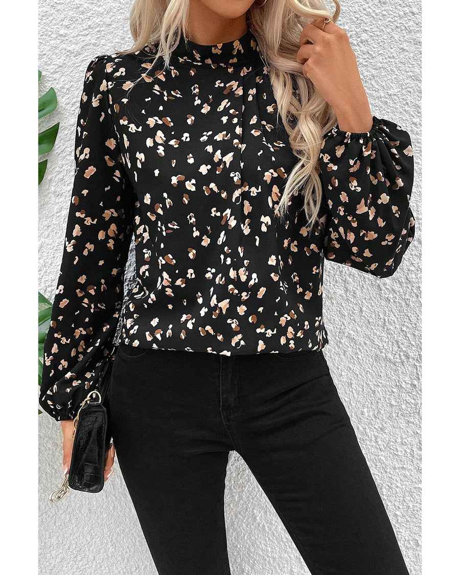Black Leopard Print Lantern Sleeve Mock Neck Pleated Blouse - M