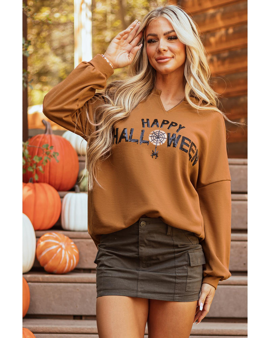 Chestnut Sequin Happy Halloween Graphic Notched Neck Long Sleeve Loose Top - M