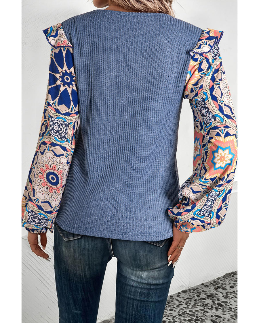 Ashleigh Blue Ruffled Floral Sleeve Patchwork Waffle Knit O Neck Blouse - M