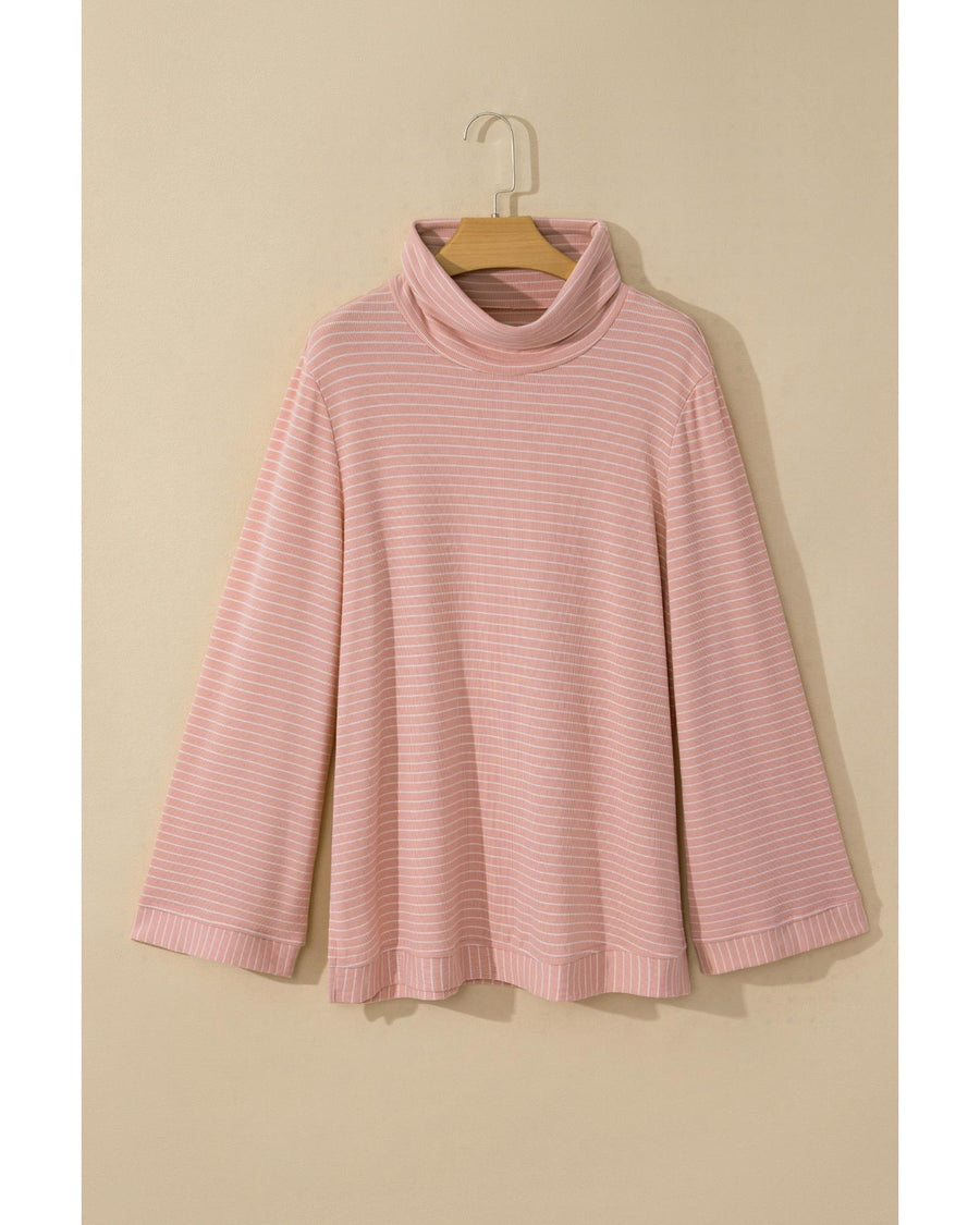 Pink Stripe Cowl Neck Side Slits Loose Fit Long Sleeve Top - S