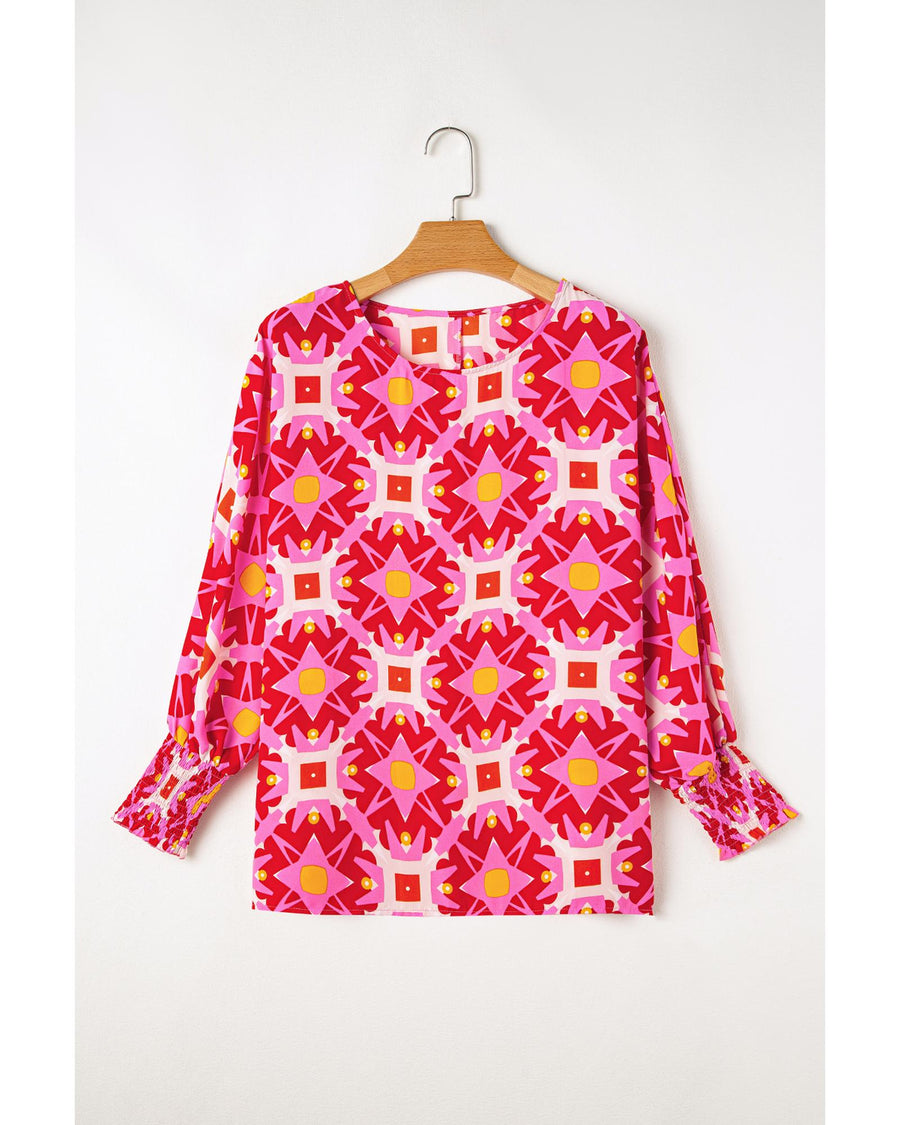 Strawberry Pink Geometric Print Shirred Cuff 3/4 Sleeve Loose Blouse - M