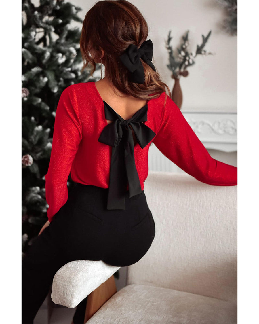 Racing Red Metallic Bowknot Open Back V Neck Top - XL
