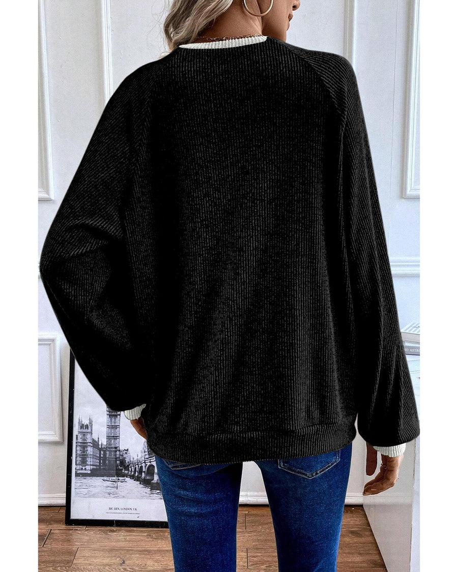 Black Color Contrast Ribbed Loose Fit Long Sleeve Top - S