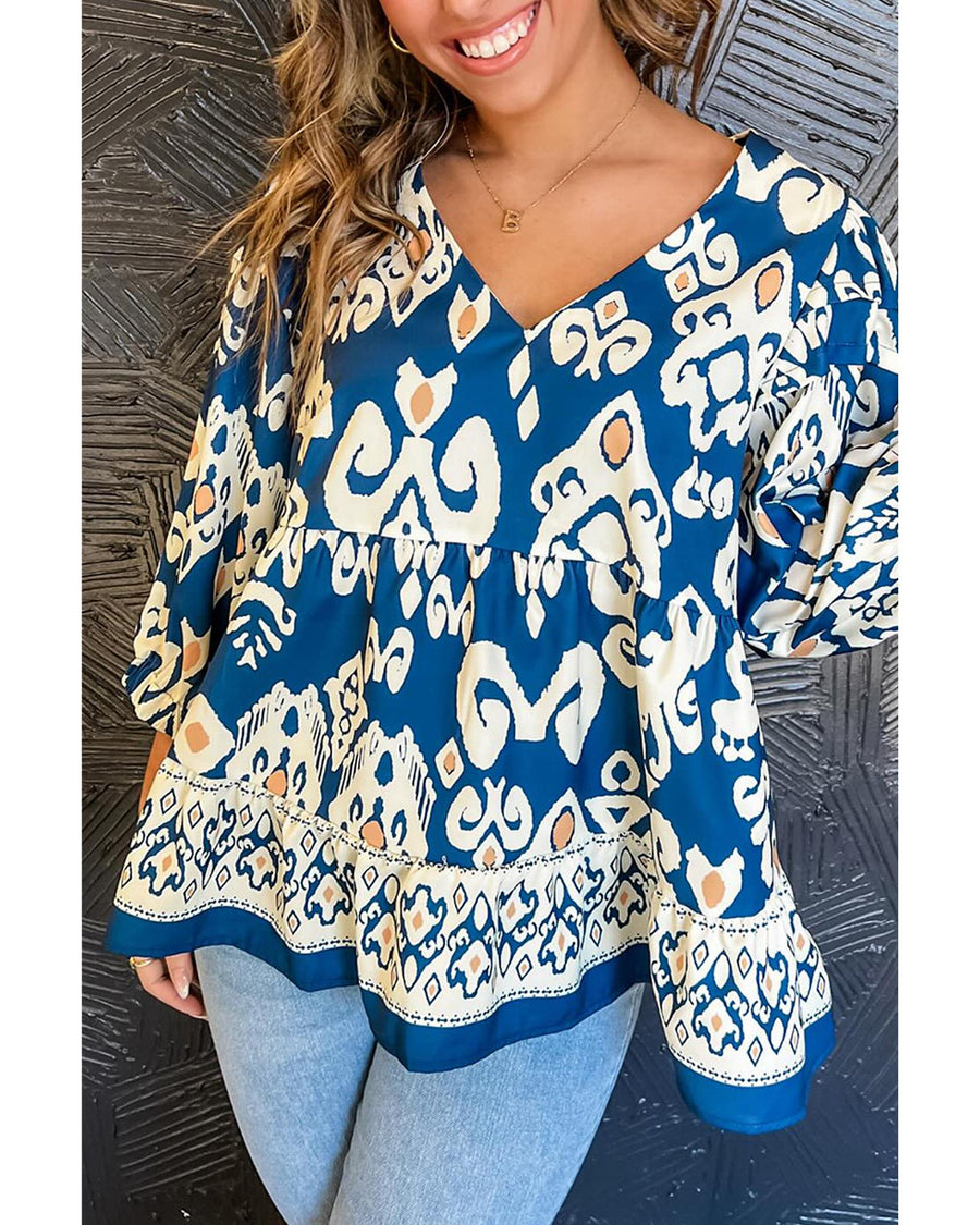 Blue Tribal Geometric Print 3/4 Sleeve Flowy Fit Blouse - L