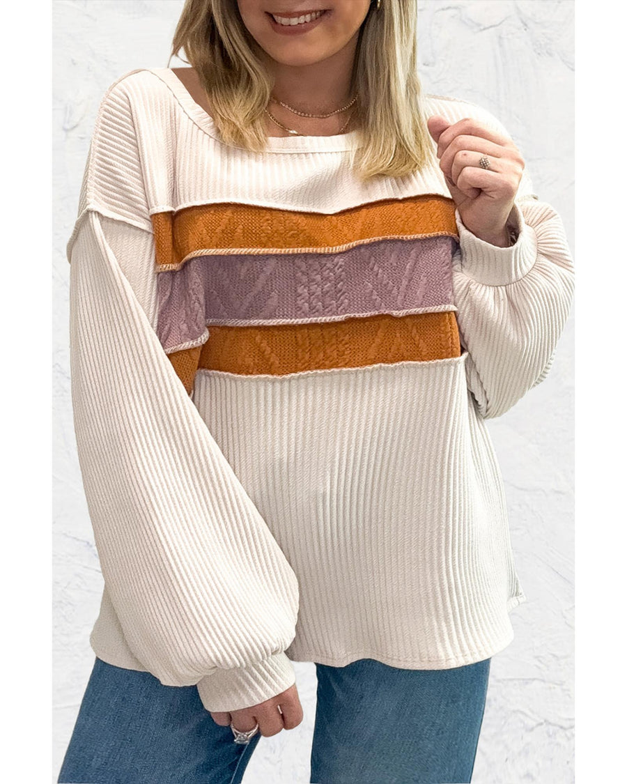 White Corded Exposed Seam Knit Patchwork Drop Sleeve Top - M