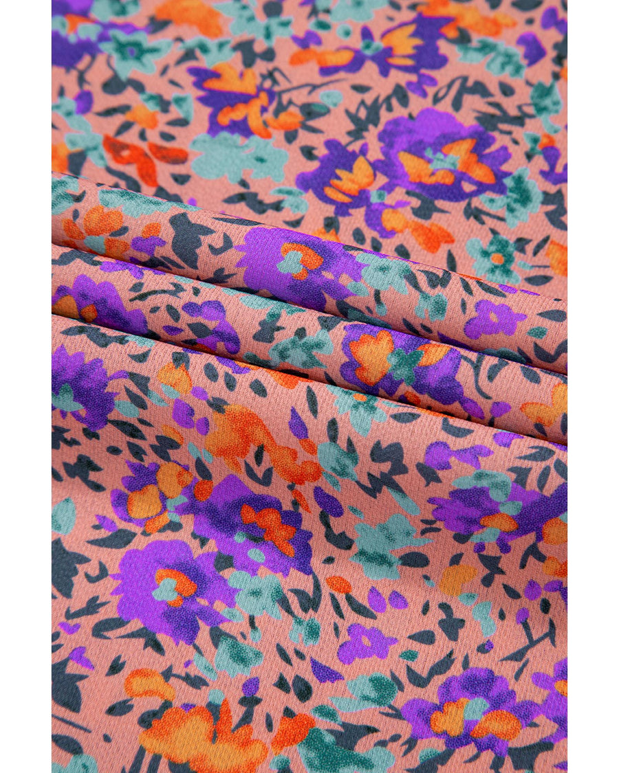 Purple Floral Allover Print Shirred Cuff Frilled O Neck Blouse - S