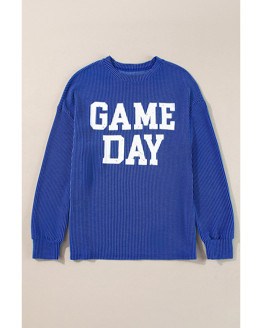 Bluing Corded GAME DAY Graphic Long Sleeve Crewneck Top - XL