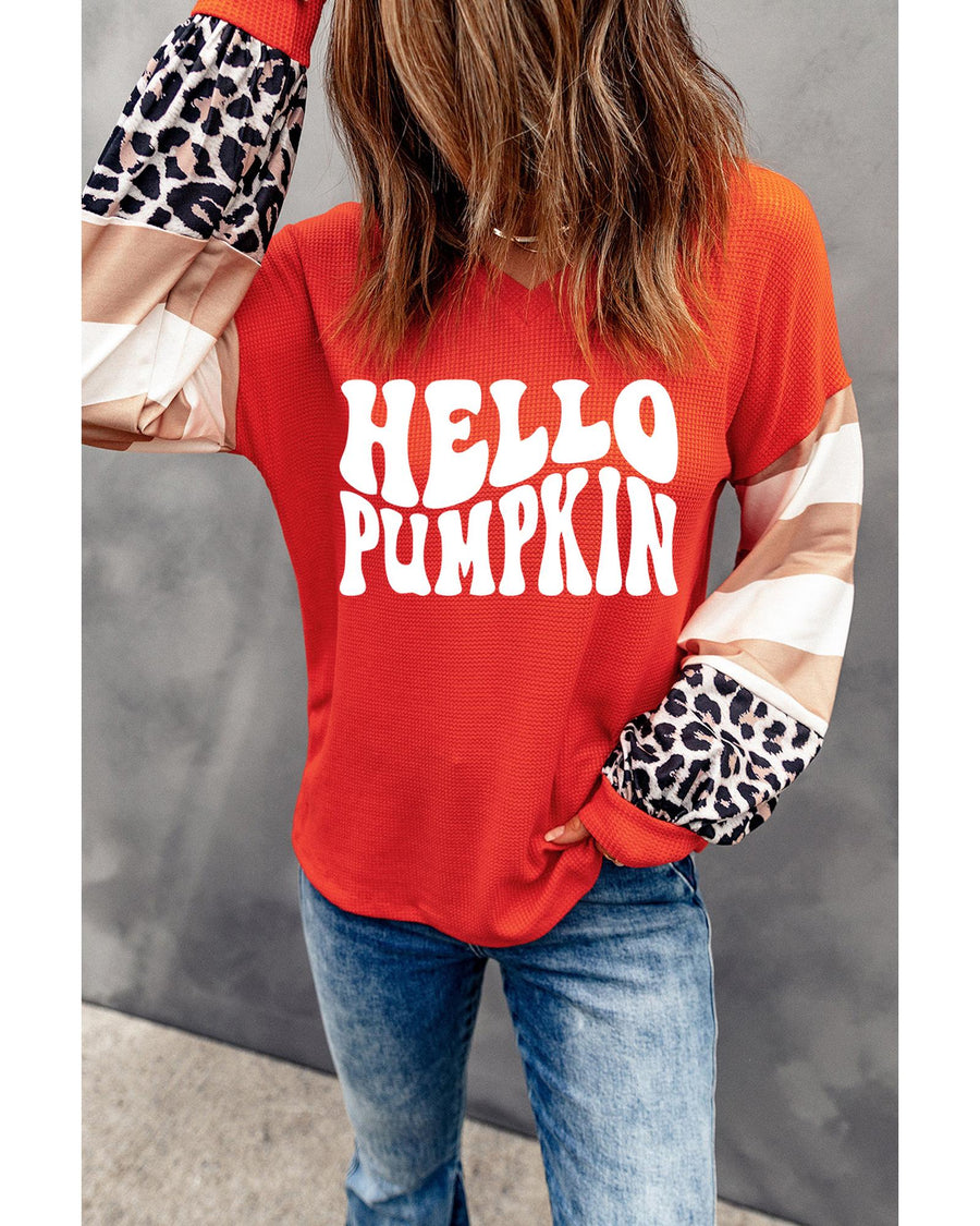 Red Hello Pumpkin Graphic Leopard Striped Colorblock Sleeve V Neck Top - M