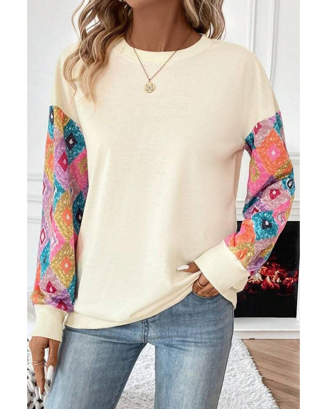 Apricot Geometric Printed Patchwork Long Sleeve Round Neck Top - L