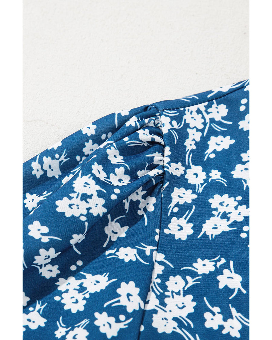 Blue Ditsy Floral Print Lantern Sleeve Blouse - S
