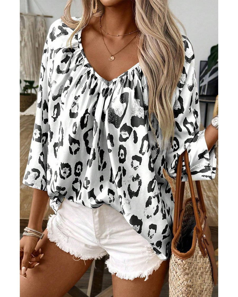 Black Leopard Print Ruched V Neck 3/4 Sleeve Blouse - L