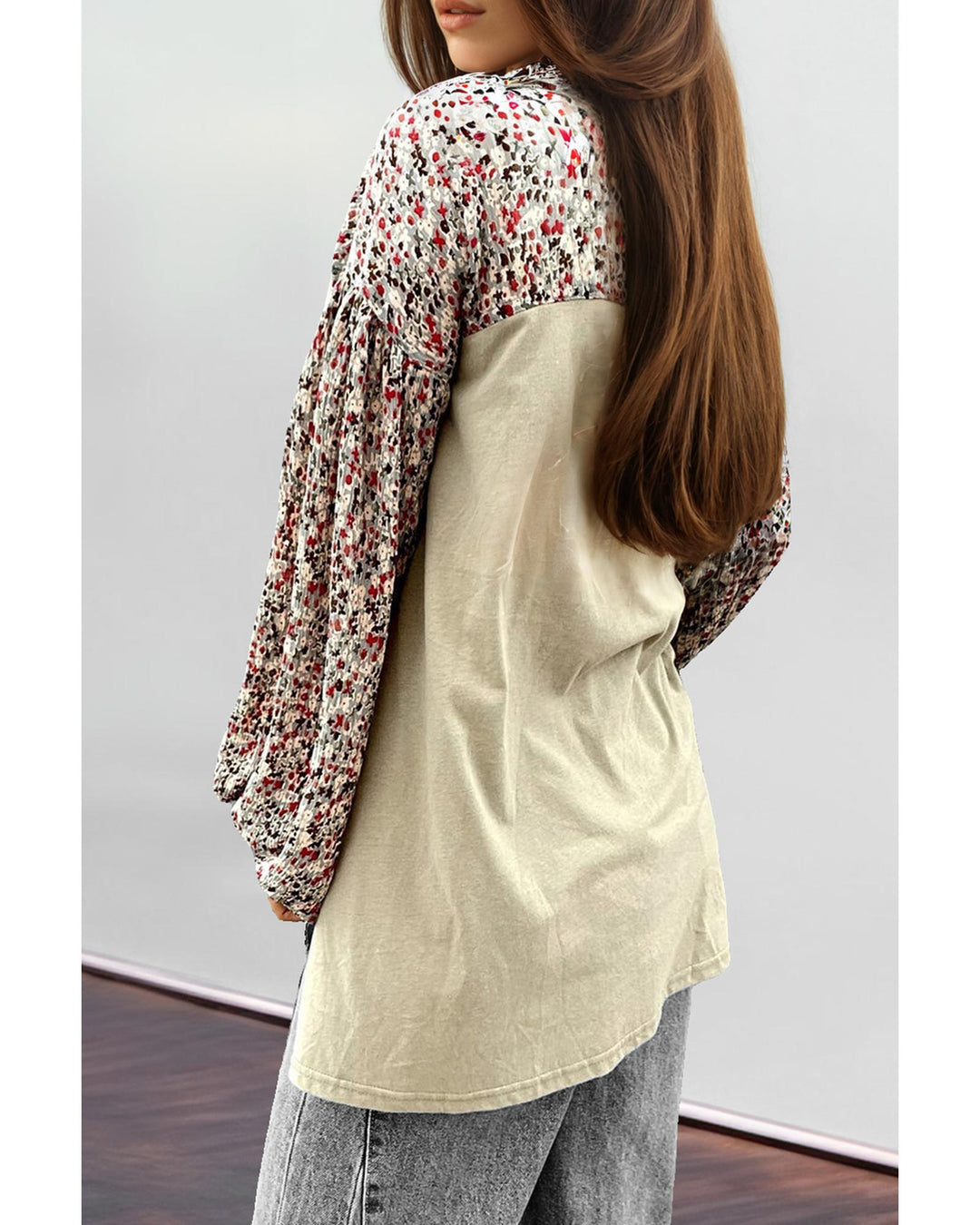 Meadow Mist Green Contrast Printed Bubble Sleeve Henley Loose Top with Slits - L