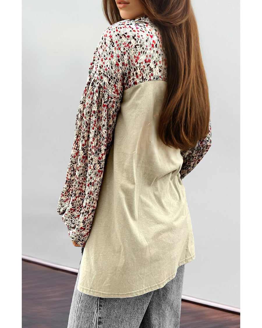 Meadow Mist Green Contrast Printed Bubble Sleeve Henley Loose Top with Slits - L
