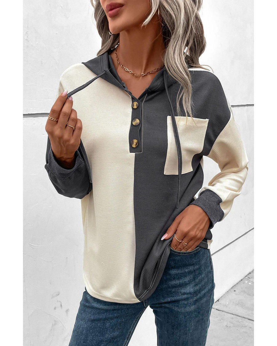 Dark Grey Waffle Colorblock Buttons Placket Drop Shoulder Drawstring Hoodie - M