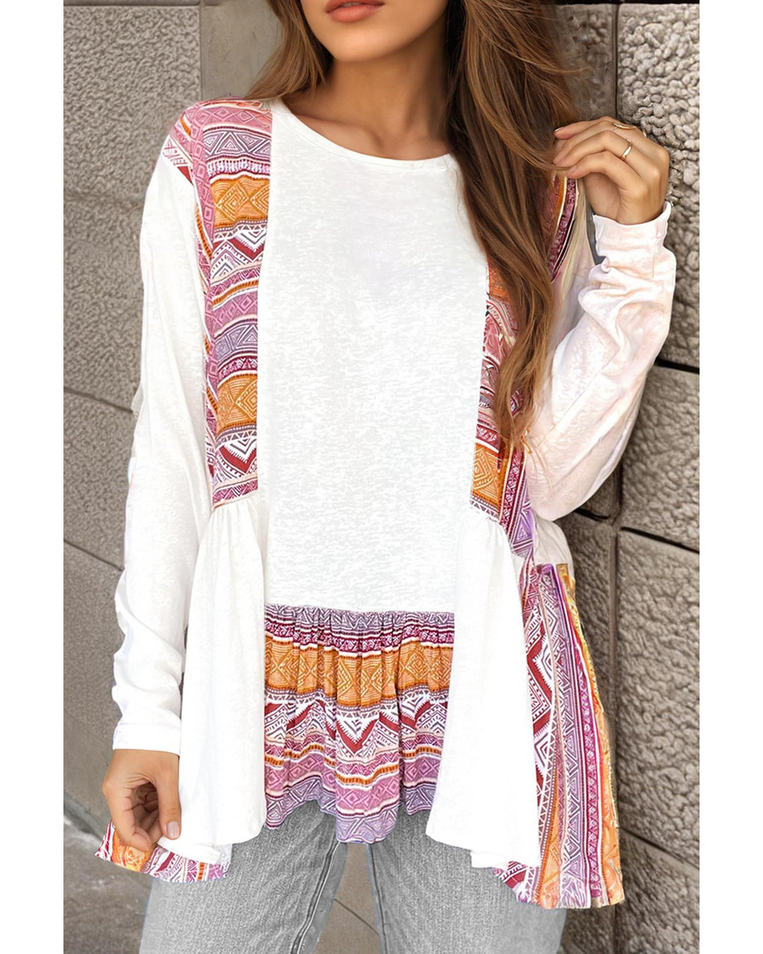 White Western Aztec Print Patchwork Ruffled Tunic Long Sleeve Babydoll Top - L