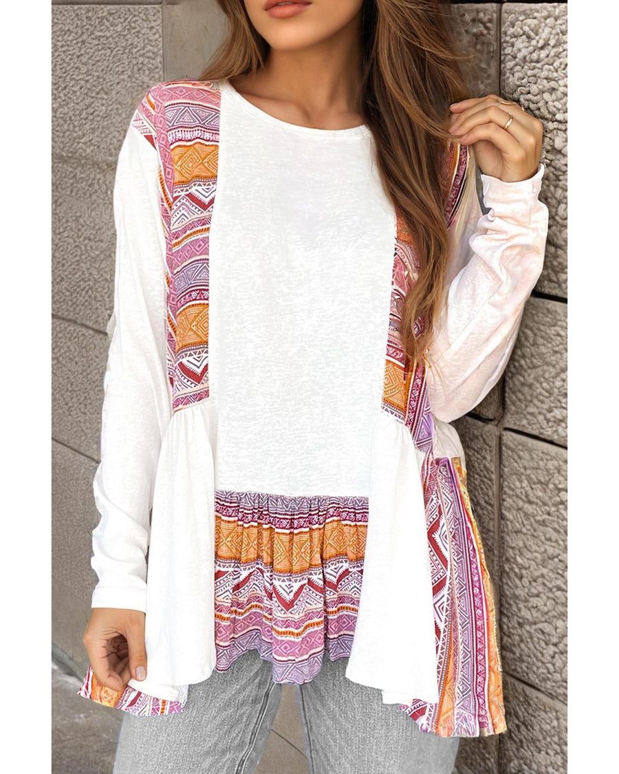 White Western Aztec Print Patchwork Ruffled Tunic Long Sleeve Babydoll Top - L