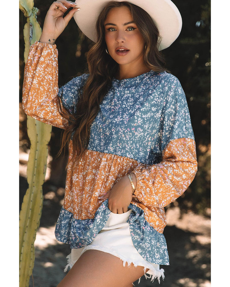 Orange Floral Color Block Patchwork Ruffled Hem Round Neck Blouse - XL