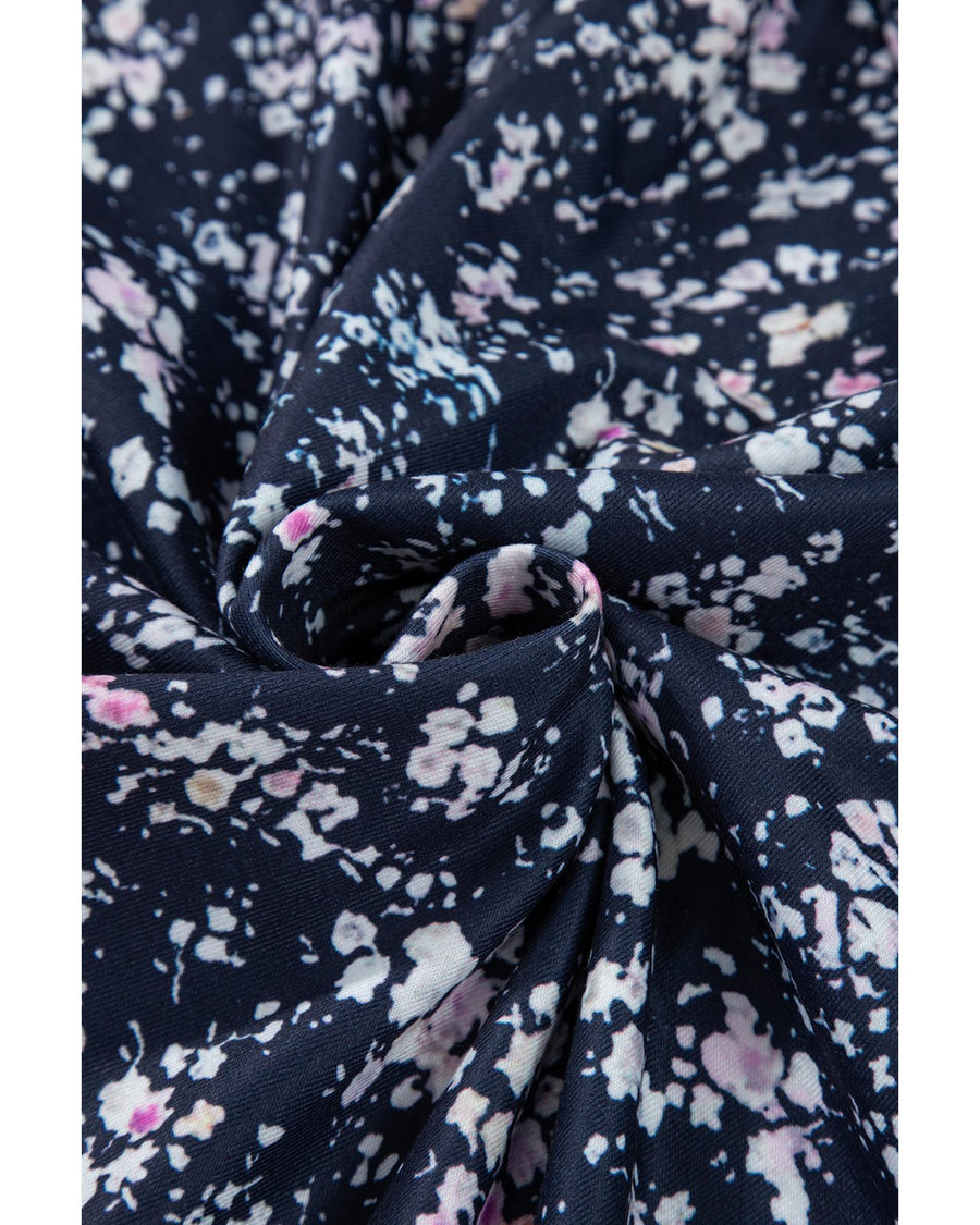Blue Floral Color Block Patchwork Ruffled Hem Round Neck Blouse - S