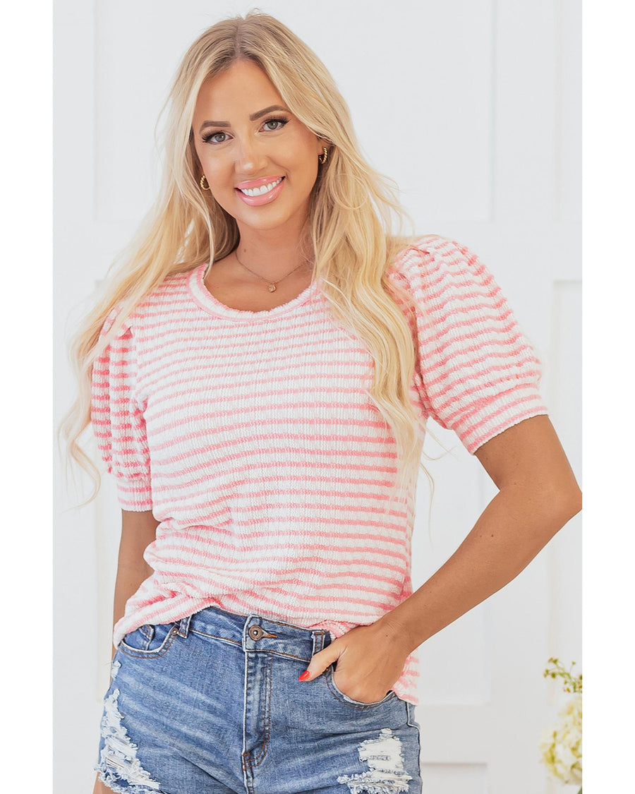 Pink Stripe Textured Puff Sleeve Crewneck Top - L