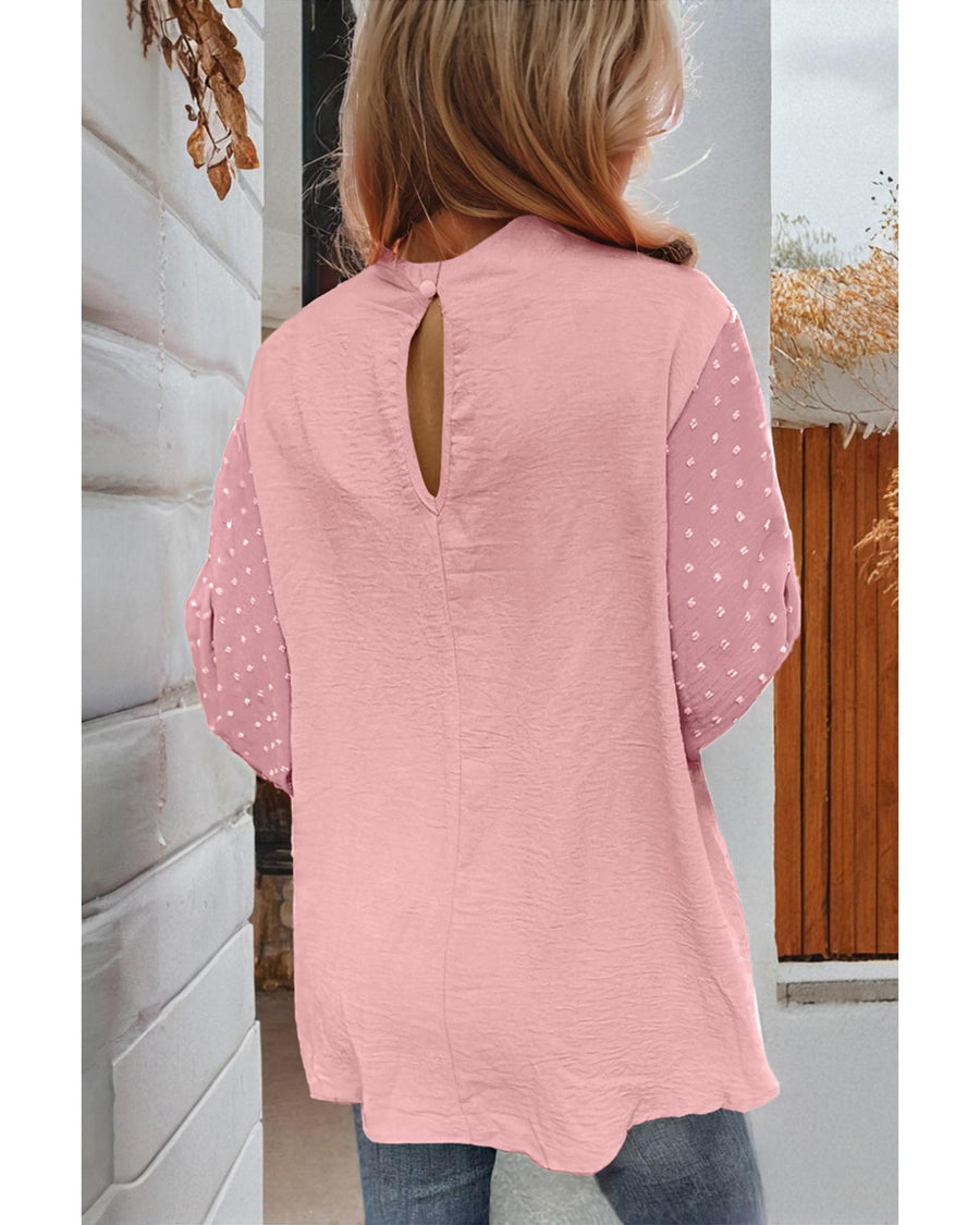 Gossamer Pink Swiss Dot Balloon Sleeve Loose Blouse - L