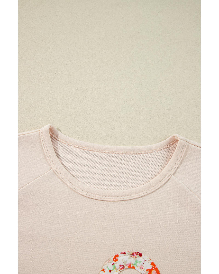 Beige Flower Patch Graphic Exposed Seam Wide Sleeve Top - XL