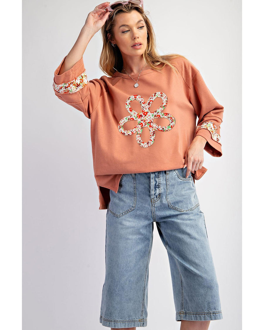 Grapefruit Orange Flower Patch Graphic Exposed Seam Wide Sleeve Top - 2XL