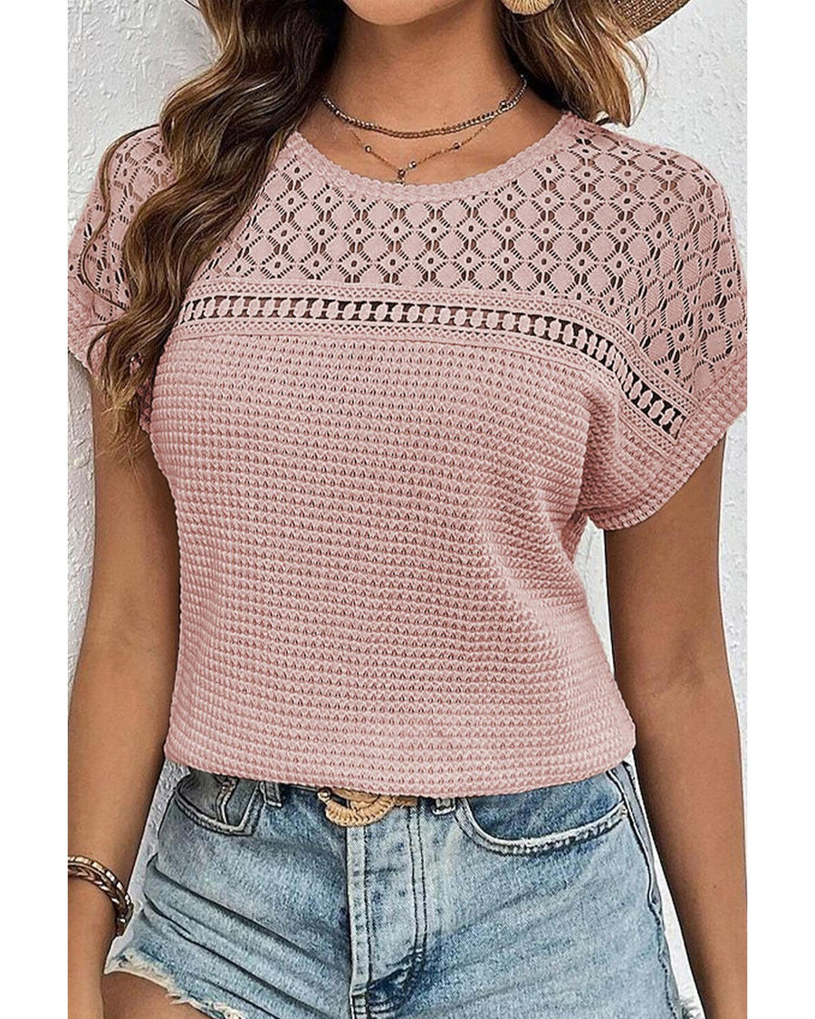 Light Pink Lace Patchwork Waffle Short Sleeve Top - 2XL