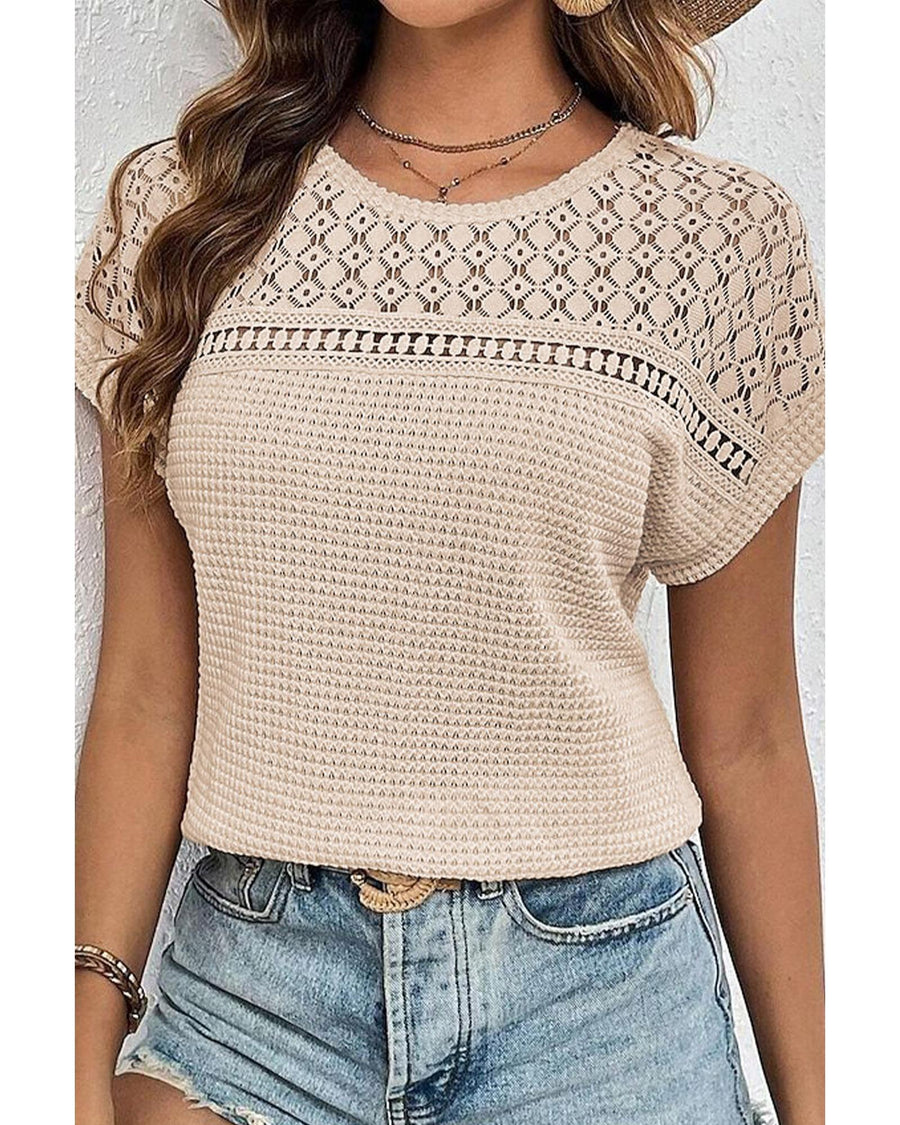 Oatmeal Lace Patchwork Waffle Short Sleeve Top - S