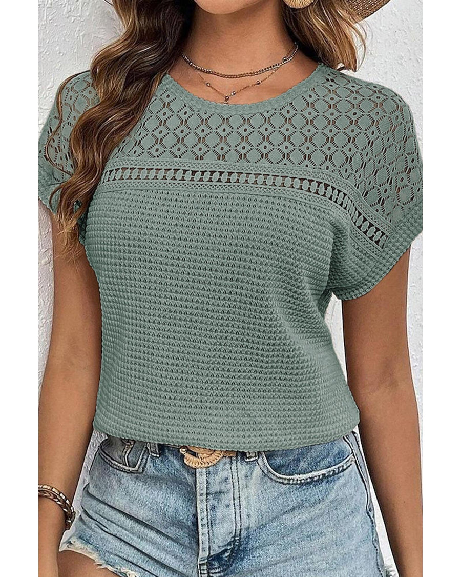 Mist Green Lace Patchwork Waffle Short Sleeve Top - M