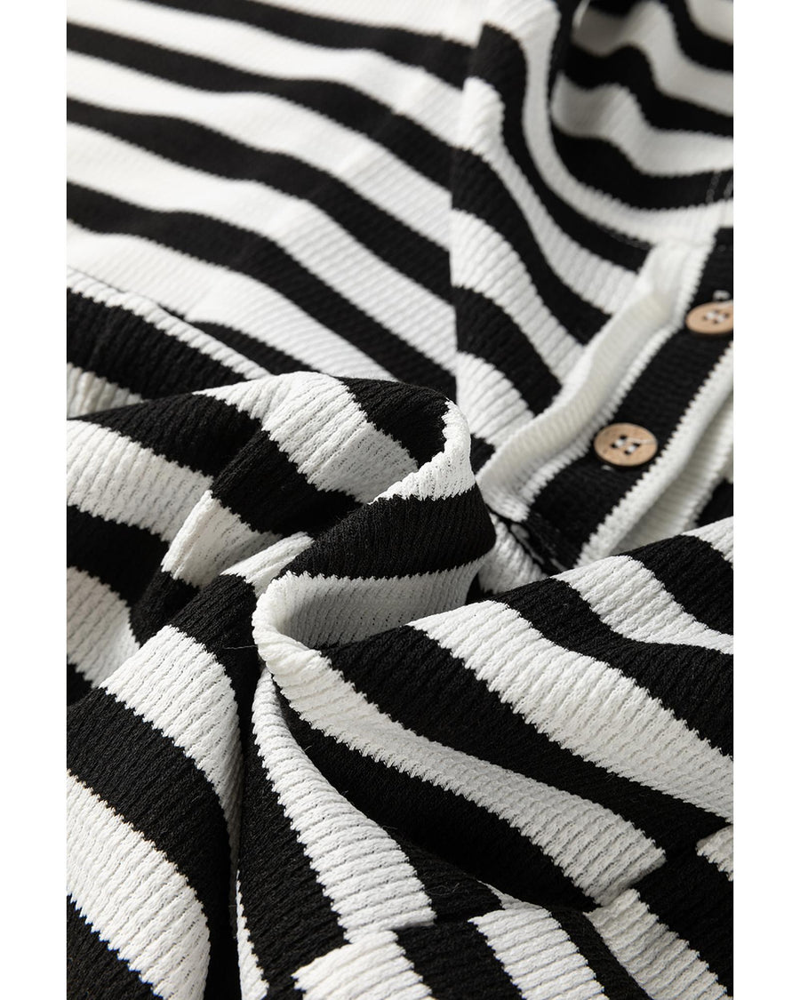 Black white Oversized Striped Henley Buttons Dolman Sleeve Hooded Top - M
