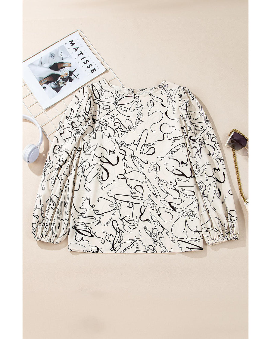 Beige Abstract Print Balloon Sleeve Crew Neck Blouse - S