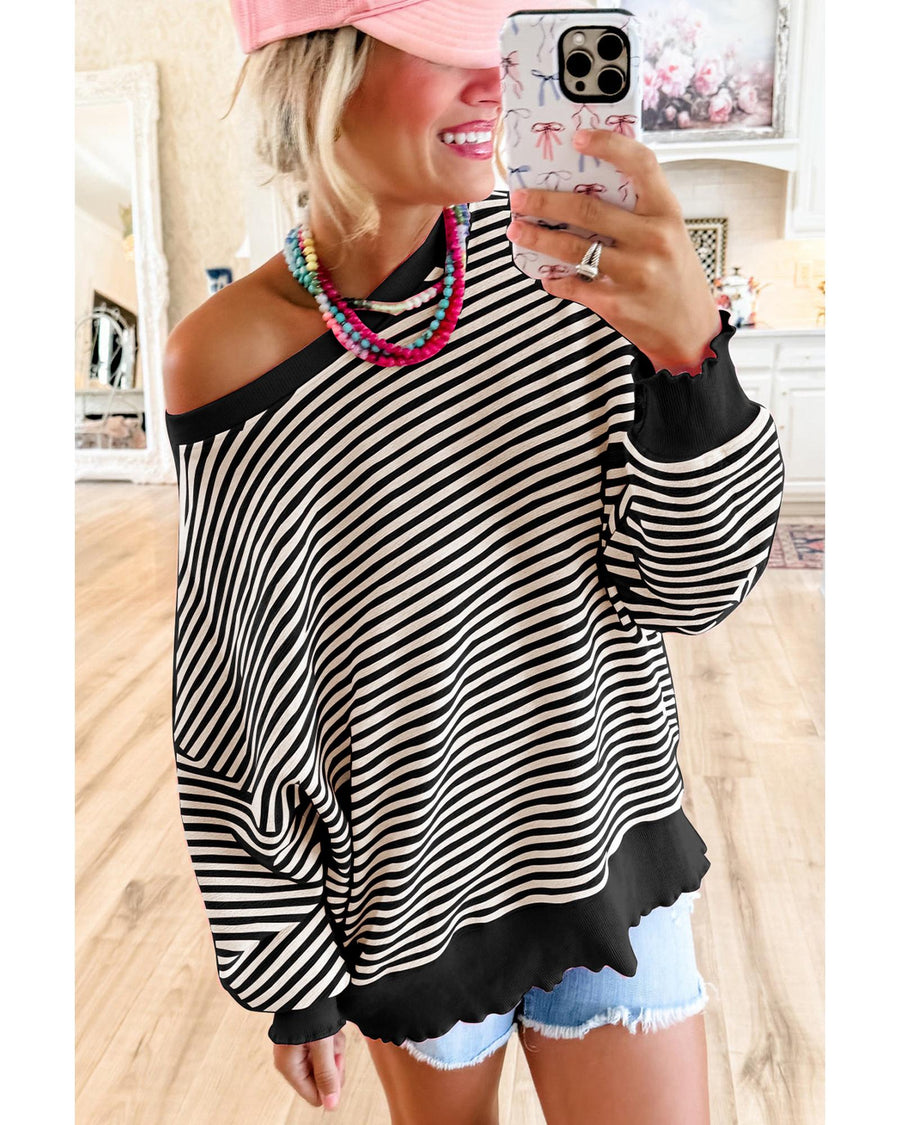 Black Stripe Loose Drop Shoulder Long Sleeve Top - XL