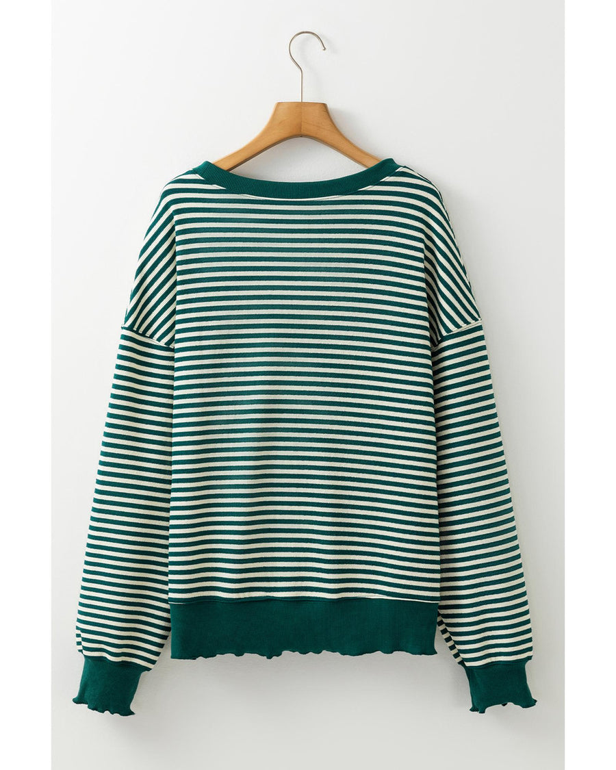 Green Stripe Loose Drop Shoulder Long Sleeve Top - M