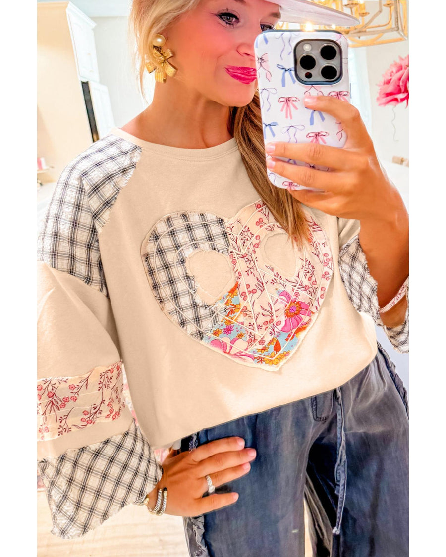 Beige Plaid Floral Peace Heart Graphic Wide Long Sleeve Top - 2XL
