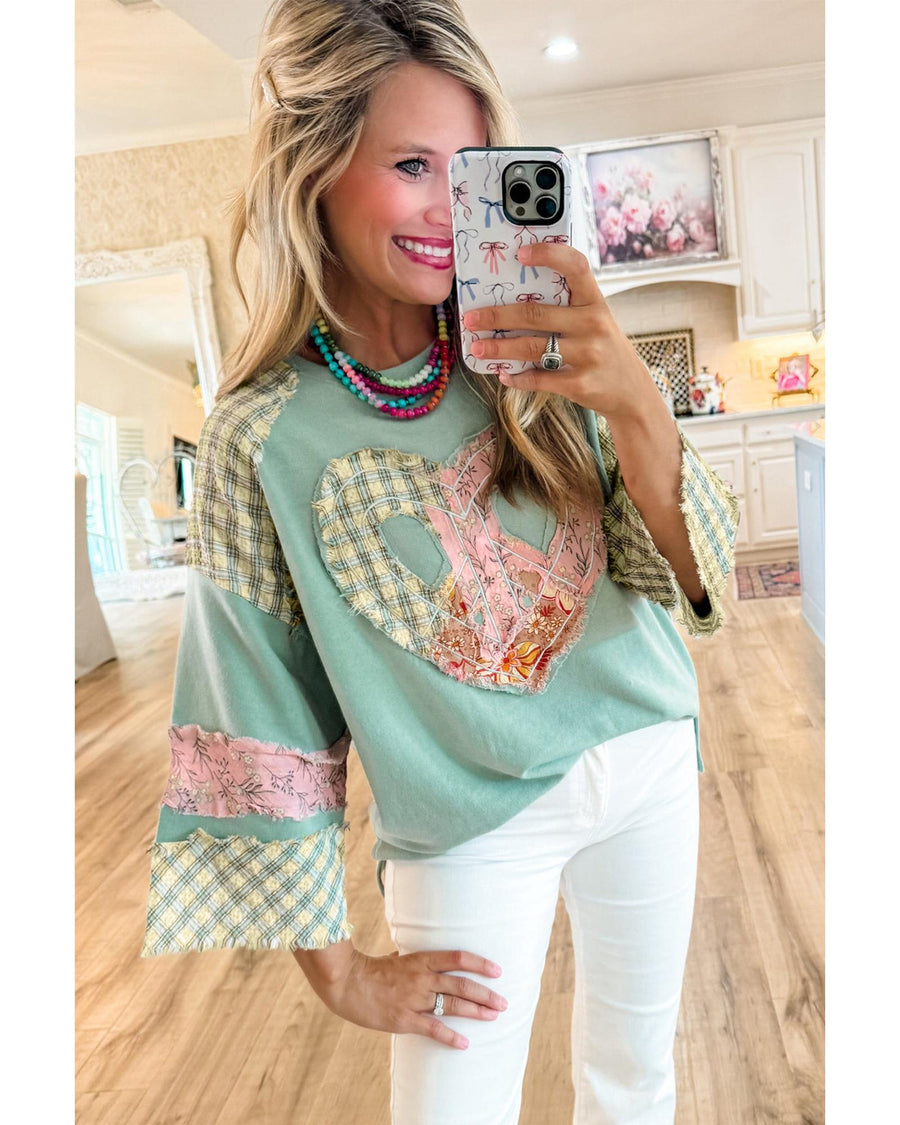 Clearly Aqua Plaid Floral Peace Heart Graphic Wide Long Sleeve Top - M