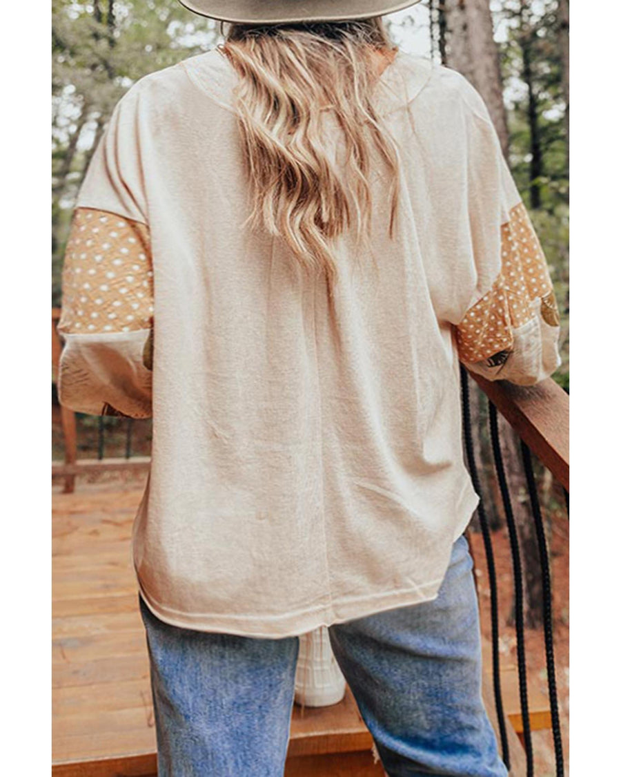 Jet Stream Palm Leaves Polka Dot Puff Sleeve Patchwork V Neck Loose Blouse - M