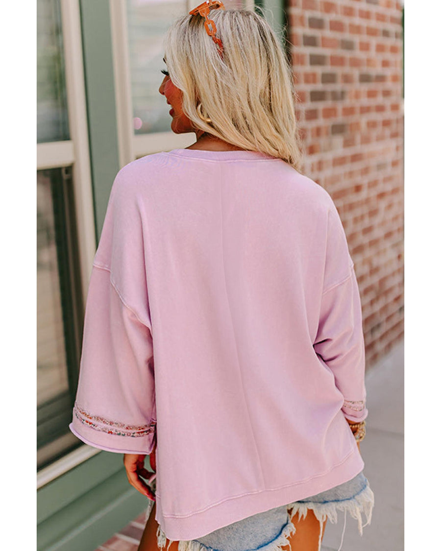 Light Pink Floral Peace Sign Graphic Drop Shoulder Wide Sleeve Casual Top - S