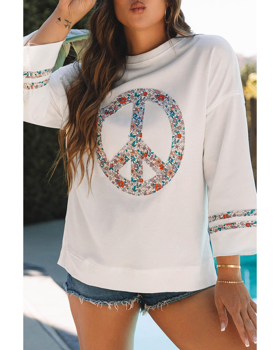 Jet Stream Floral Peace Sign Graphic Drop Shoulder Wide Sleeve Casual Top - L