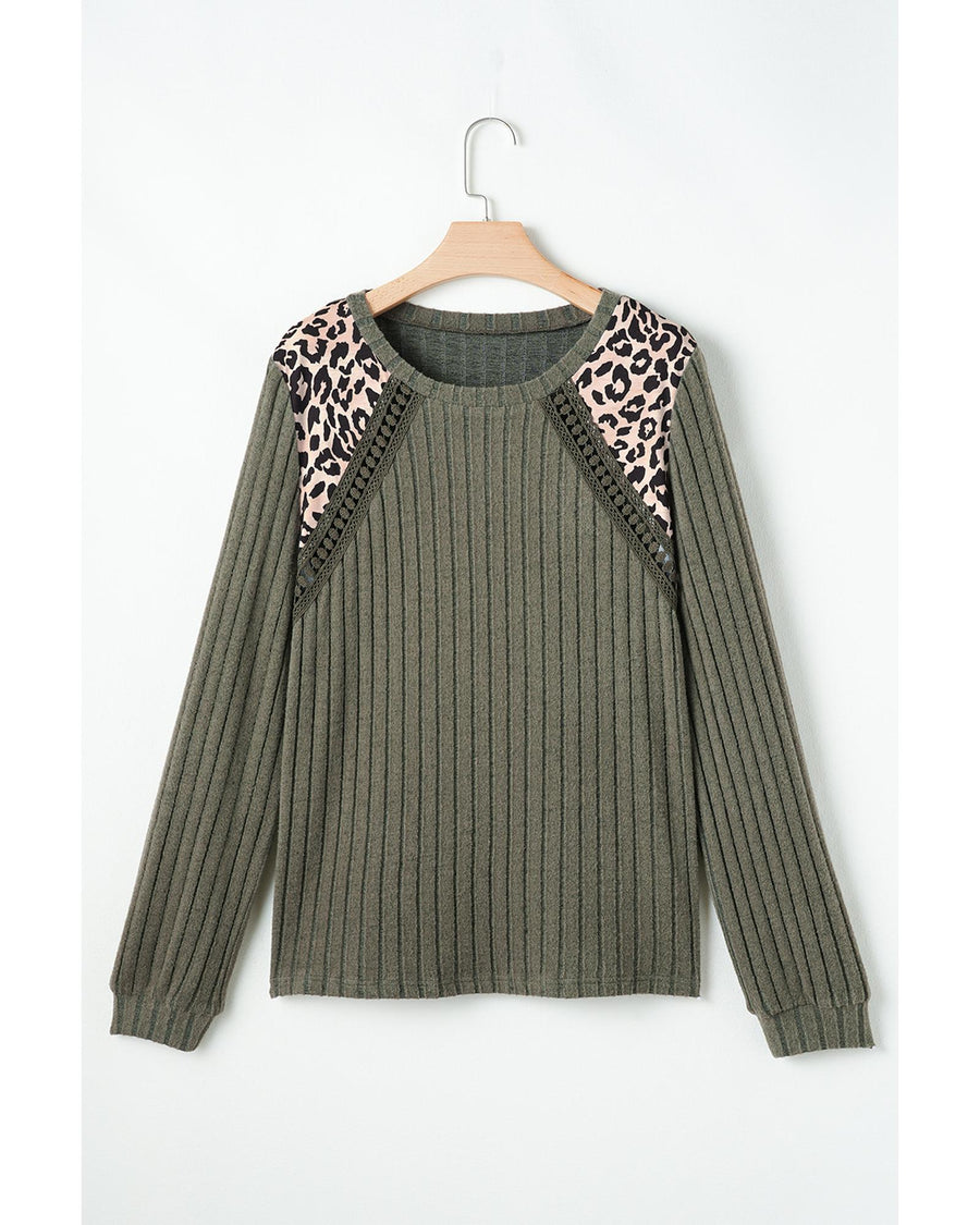 Moss Green Leopard Print Crochet Patchwork Rib Textured Knit Top - M